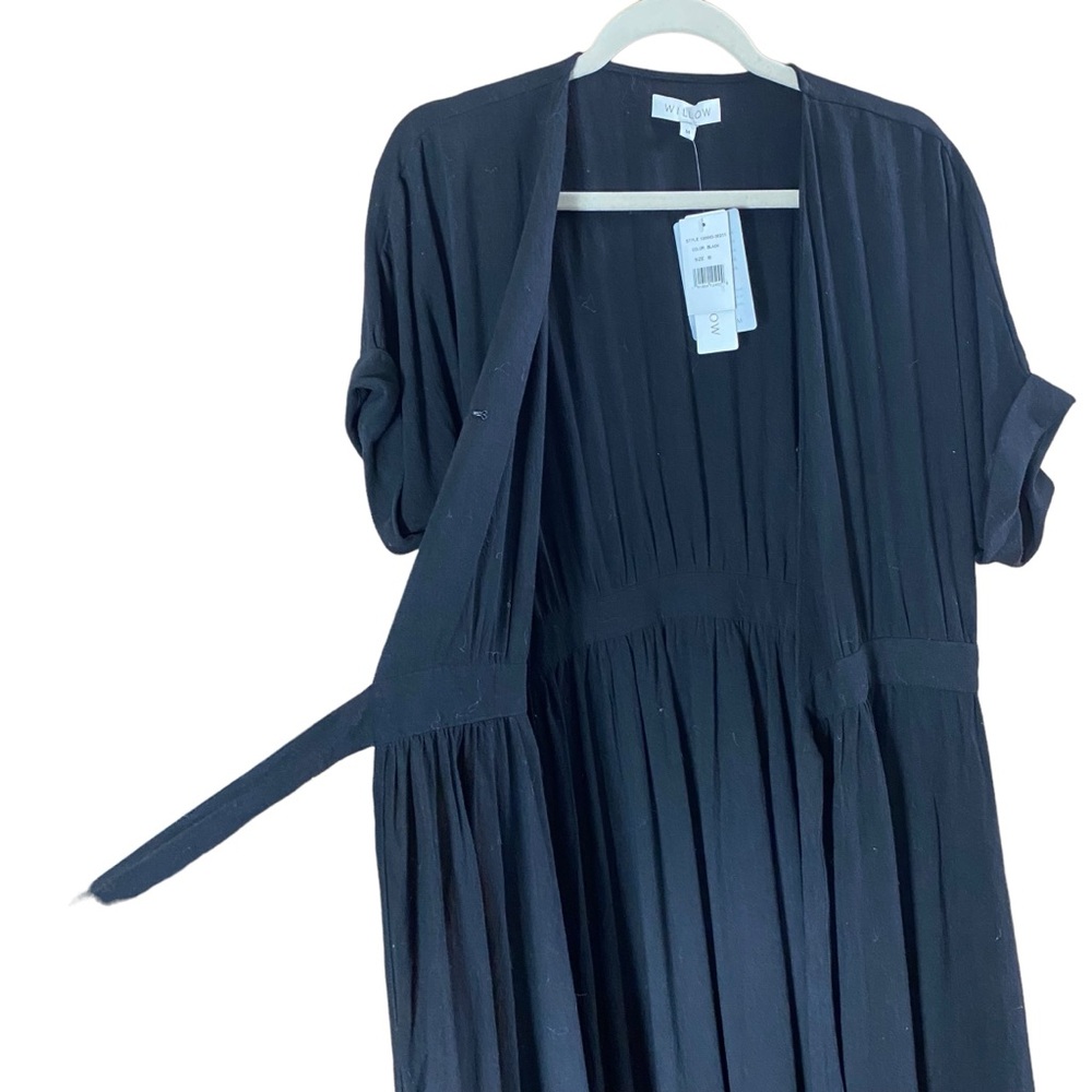 WILLOW Anthropologie Womens Wrap Dress Midi Black short Sleeve Size M Linen NEW - Picture 11 of 15
